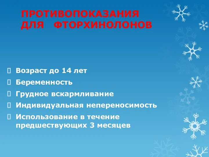 ПРОТИВОПОКАЗАНИЯ ДЛЯ ФТОРХИНОЛОНОВ Возраст до 14 лет Беременность Грудное вскармливание