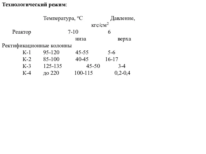 Технологический режим: Температура, оС Давление, кгс/см2 Реактор 7-10 6 низа