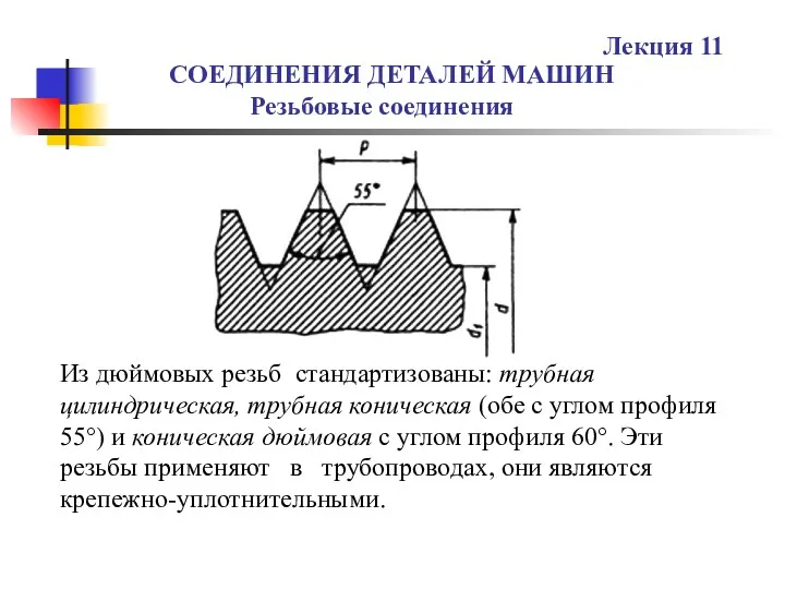 СОЕДИНЕНИЯ ДЕТАЛЕЙ МАШИН Резьбовые соединения Лекция 11 Из дюймовых резьб