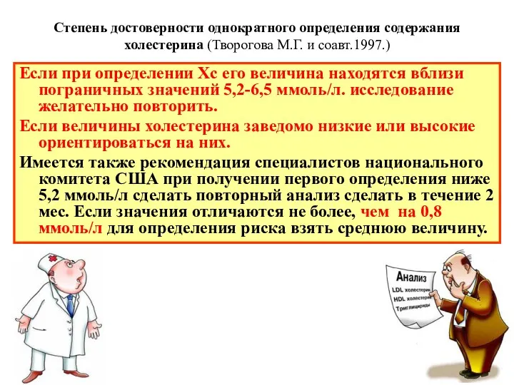 Степень достоверности однократного определения содержания холестерина (Творогова М.Г. и соавт.1997.)