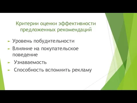 Критерии оценки эффективности предложенных рекомендаций Уровень побудительности Влияние на покупательское поведение Узнаваемость Способность вспомнить рекламу