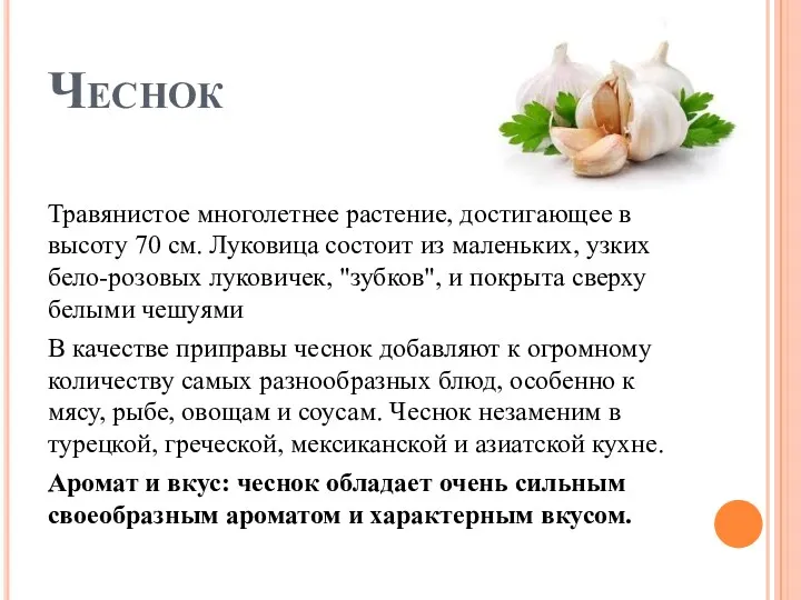 Чеснок Травянистое многолетнее растение, достигающее в высоту 70 см. Луковица