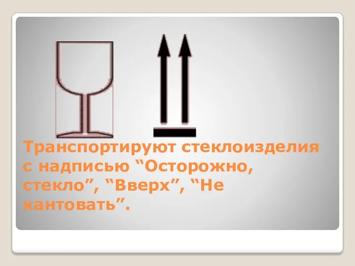 Транспортируют стеклоизделия с надписью “Осторожно, стекло”, “Вверх”, “Не кантовать”.