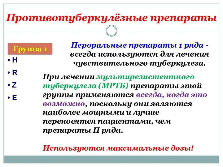 Противотуберкулёзные препараты Группа 1 H R Z E Пероральные препараты