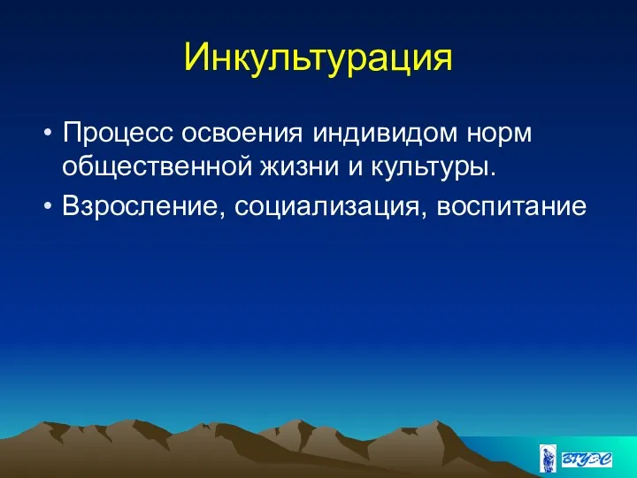 Инкультурация Процесс освоения индивидом норм общественной жизни и культуры. Взросление, социализация, воспитание