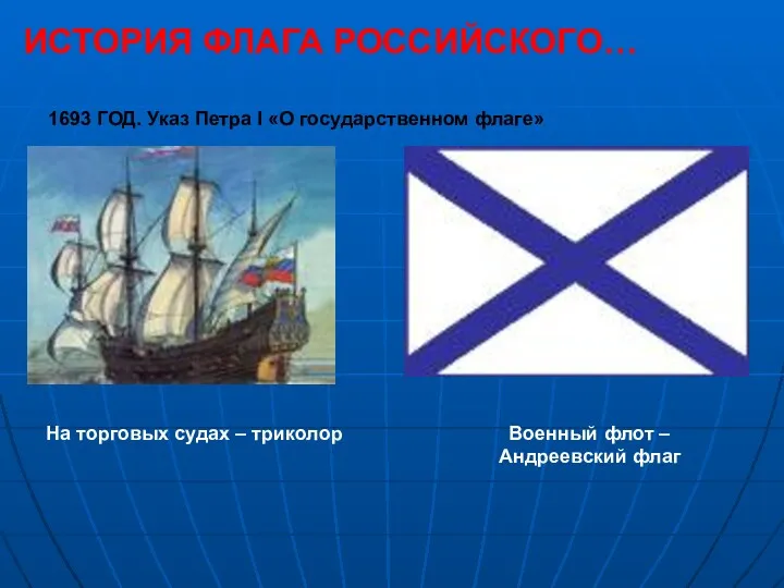 ИСТОРИЯ ФЛАГА РОССИЙСКОГО… 1693 ГОД. Указ Петра I «О государственном флаге» На торговых