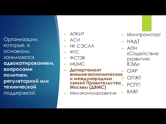 Организации, которые, в основном, занимаются адвокатированием, вопросами политики, регуляторной или технической поддержкой АПКИТ