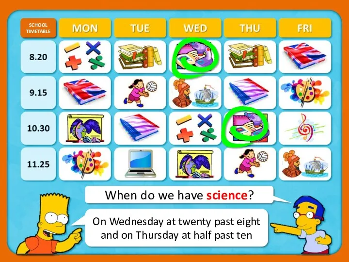 When do we have science? SCHOOL TIMETABLE CHECK On Wednesday at twenty past