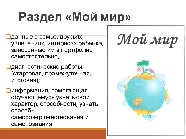 Раздел «Мой мир» данные о семье, друзьях, увлечениях, интересах ребенка,