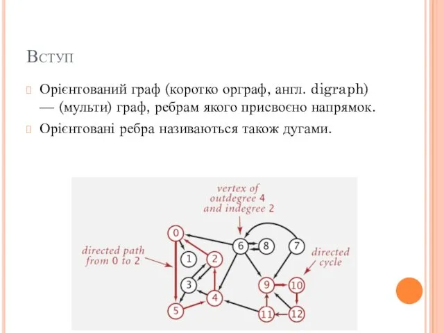 Вступ Орієнтований граф (коротко орграф, англ. digraph) — (мульти) граф,