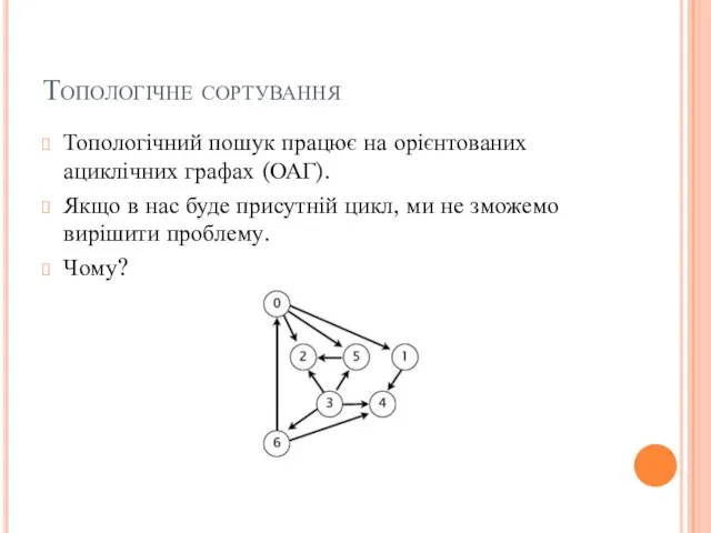 Топологічне сортування Топологічний пошук працює на орієнтованих ациклічних графах (ОАГ).