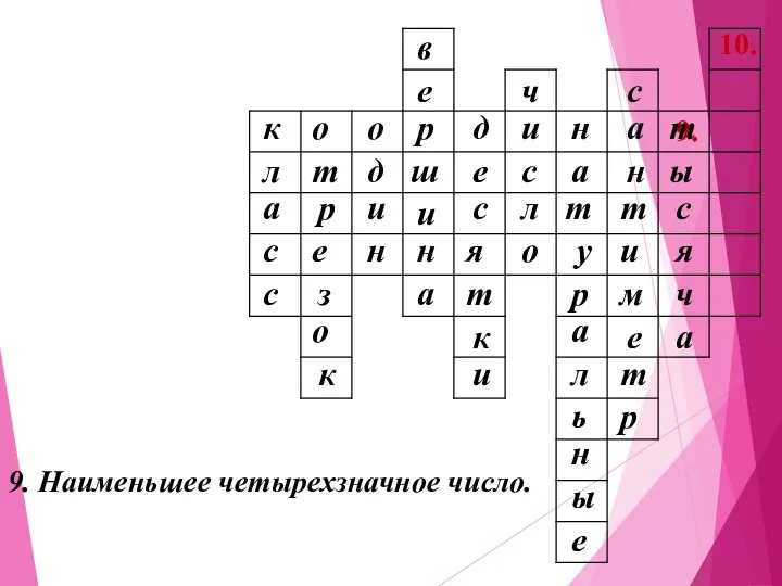 9. 10. 9. Наименьшее четырехзначное число. к л а с с о з