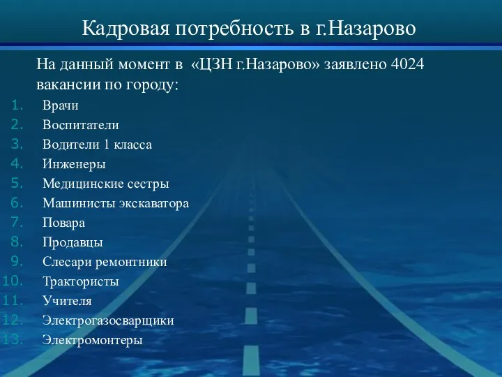 Кадровая потребность в г.Назарово На данный момент в «ЦЗН г.Назарово» заявлено 4024 вакансии