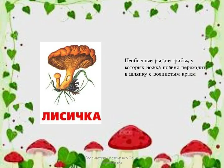 Воспитатель: Артеменко Ольга Николаевна Необычные рыжие грибы, у которых ножка