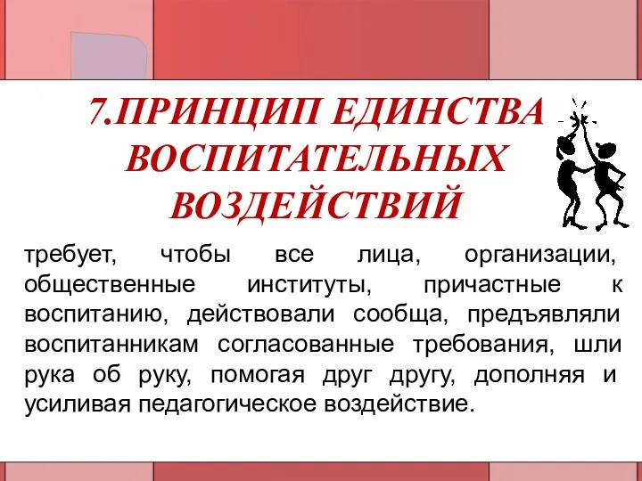 7.ПРИНЦИП ЕДИНСТВА ВОСПИТАТЕЛЬНЫХ ВОЗДЕЙСТВИЙ требует, чтобы все лица, организации, общественные