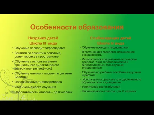 Особенности образования Незрячих детей Школа III вида Обучение проводит тифлопедагог