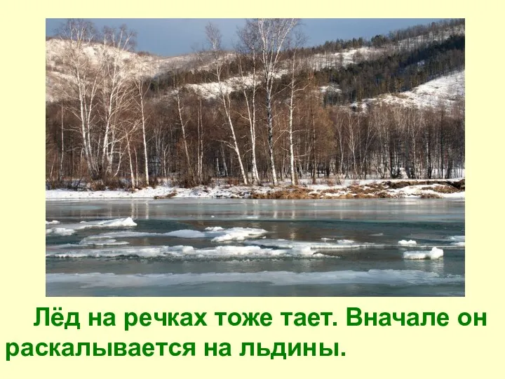 Лёд на речках тоже тает. Вначале он раскалывается на льдины.