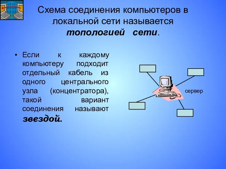 Схема соединения компьютеров в локальной сети называется топологией сети. Если к каждому компьютеру