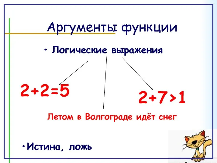 Аргументы функции Логические выражения 2+2=5 Летом в Волгограде идёт снег 2+7>1 Истина, ложь