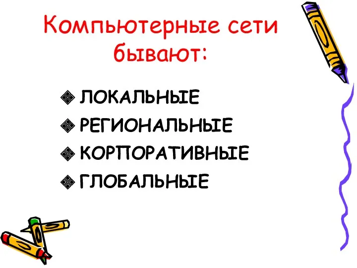 Компьютерные сети бывают: ЛОКАЛЬНЫЕ РЕГИОНАЛЬНЫЕ КОРПОРАТИВНЫЕ ГЛОБАЛЬНЫЕ