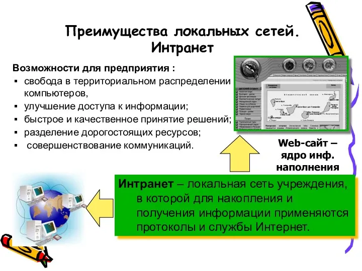Преимущества локальных сетей. Интранет Интранет – локальная сеть учреждения, в
