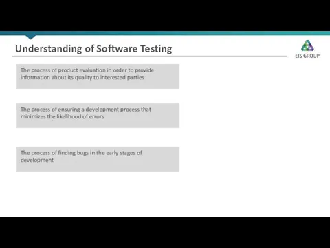 Understanding of Software Testing The process of product evaluation in order to provide