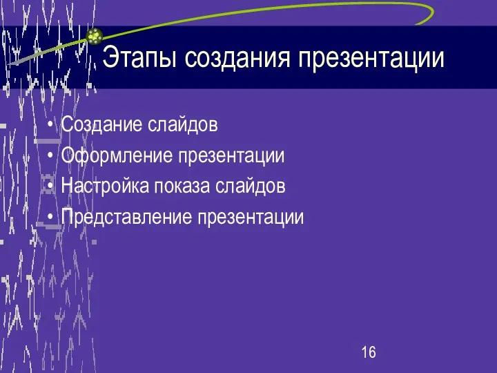 Этапы создания презентации Создание слайдов Оформление презентации Настройка показа слайдов Представление презентации