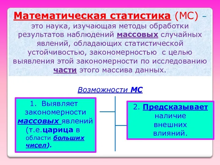 Математическая статистика (МС) – это наука, изучающая методы обработки результатов