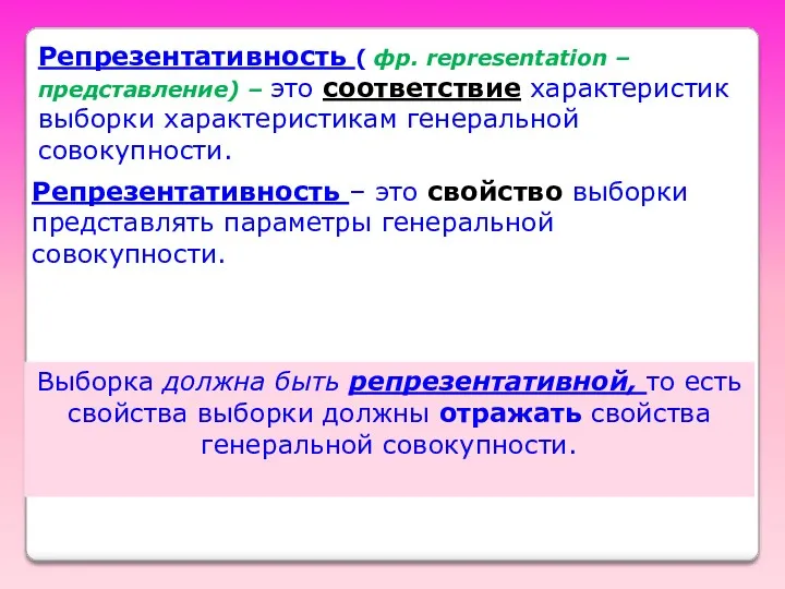 Выборка должна быть репрезентативной, то есть свойства выборки должны отражать