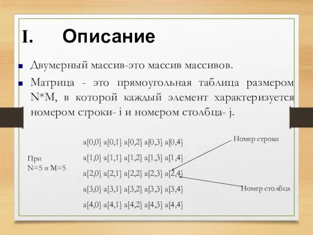 Описание Двумерный массив-это массив массивов. Матрица - это прямоугольная таблица