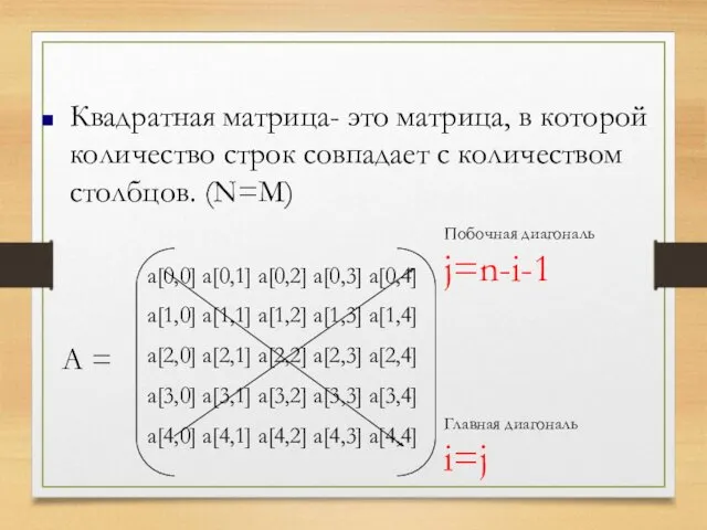 Квадратная матрица- это матрица, в которой количество строк совпадает с