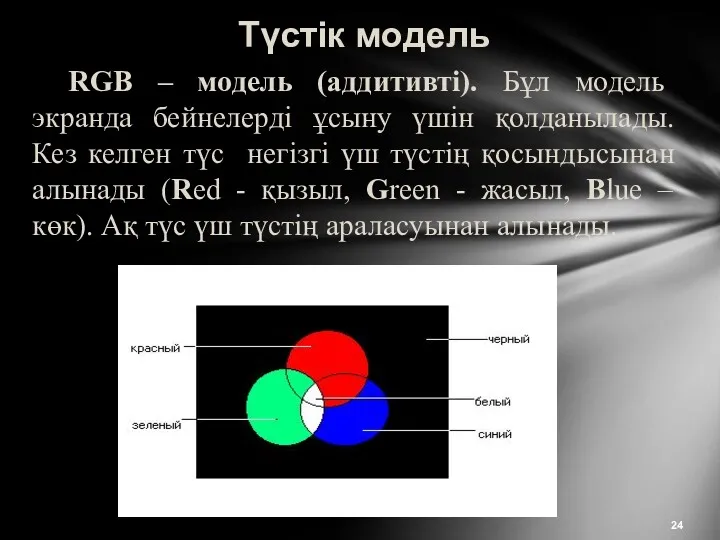 Түстік модель RGB – модель (аддитивті). Бұл модель экранда бейнелерді