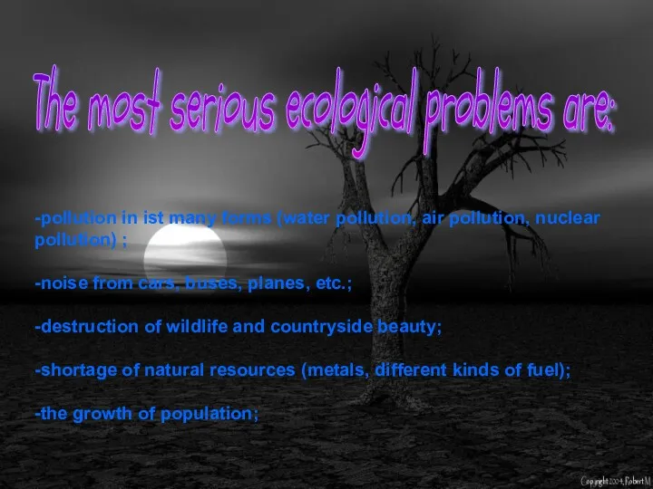 The most serious ecological problems are: -pollution in ist many