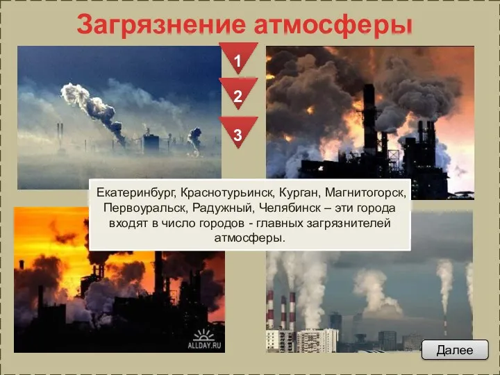 Загрязнение атмосферы На долю промышленных районов Урала приходится 46% выбросов в атмосферу ртути,