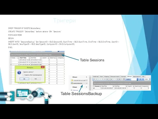 Тригери DROP TRIGGER IF EXISTS DeleteSess; CREATE TRIGGER `DeleteSess` before