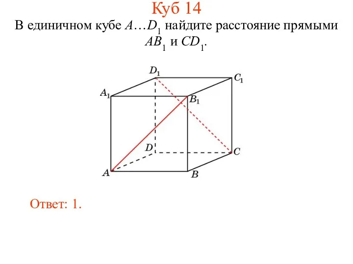 В единичном кубе A…D1 найдите расстояние прямыми AB1 и CD1. Ответ: 1. Куб 14