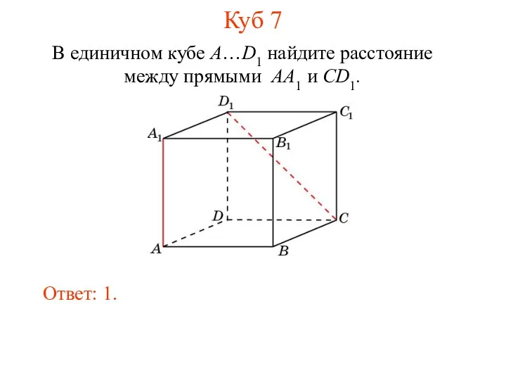 В единичном кубе A…D1 найдите расстояние между прямыми AA1 и CD1. Ответ: 1. Куб 7