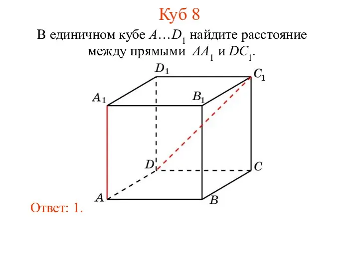 В единичном кубе A…D1 найдите расстояние между прямыми AA1 и DC1. Ответ: 1. Куб 8