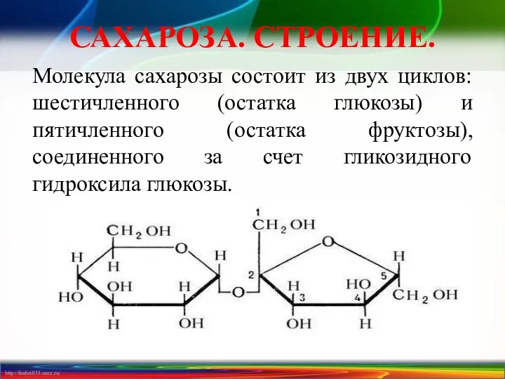 САХАРОЗА. СТРОЕНИЕ. Молекула сахарозы состоит из двух циклов: шестичленного (остатка