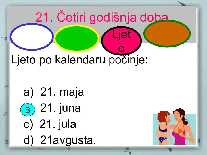 21. Četiri godišnja doba Ljeto po kalendaru počinje: a) 21.