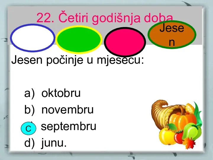 22. Četiri godišnja doba Jesen počinje u mjesecu: a) oktobru