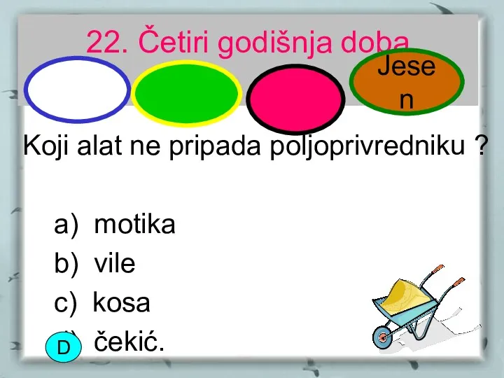 22. Četiri godišnja doba Koji alat ne pripada poljoprivredniku ?