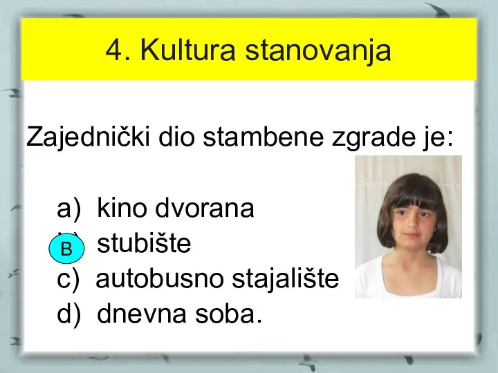 4. Kultura stanovanja Zajednički dio stambene zgrade je: a) kino