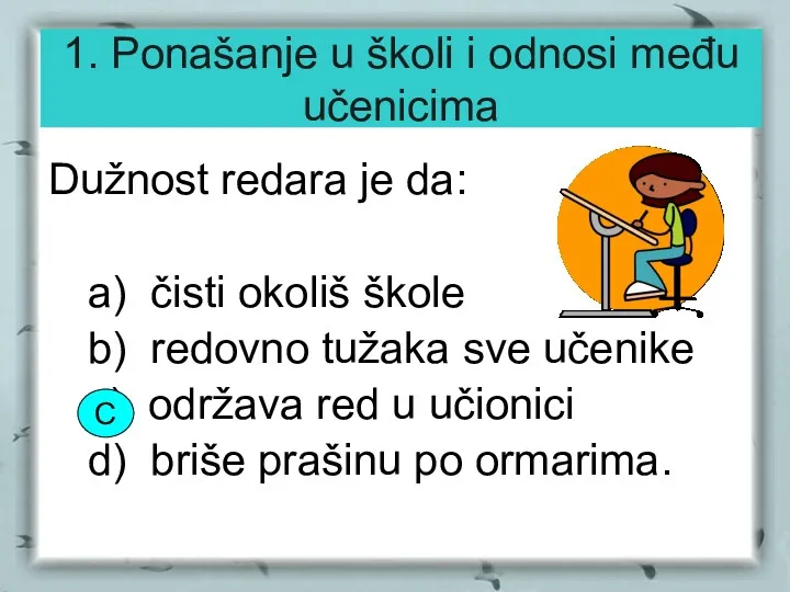 1. Ponašanje u školi i odnosi među učenicima Dužnost redara