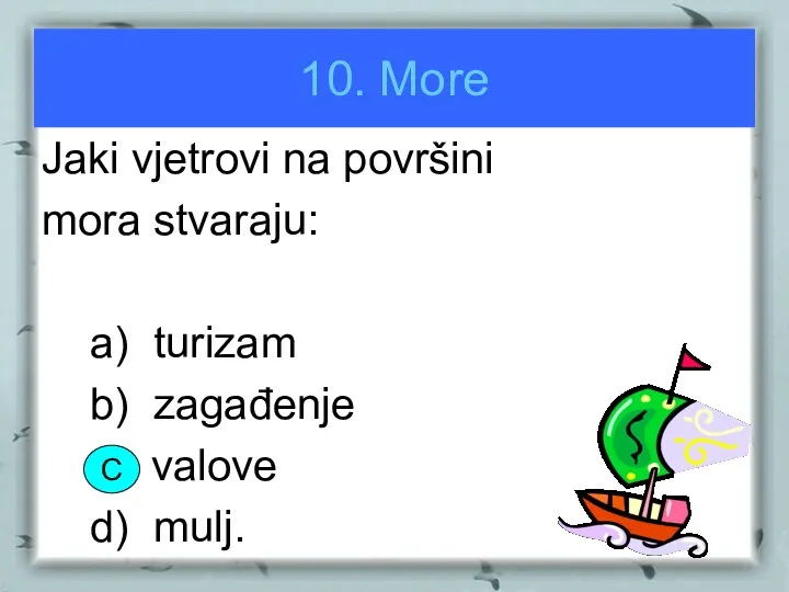 10. More Jaki vjetrovi na površini mora stvaraju: a) turizam