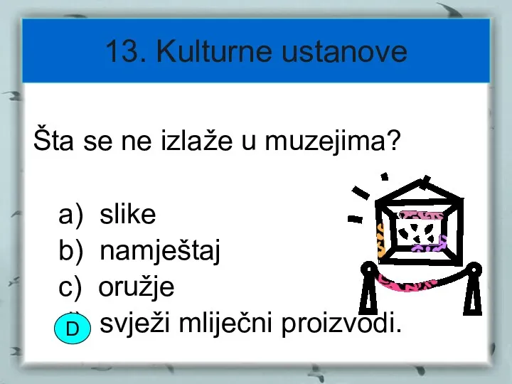 13. Kulturne ustanove Šta se ne izlaže u muzejima? a)