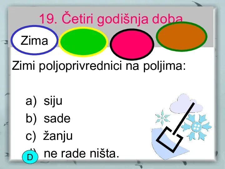 19. Četiri godišnja doba Zimi poljoprivrednici na poljima: a) siju