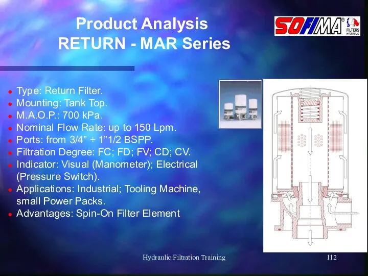 Hydraulic Filtration Training Product Analysis RETURN - MAR Series Type: Return Filter. Mounting: