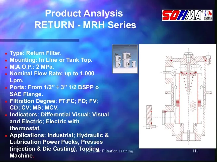 Hydraulic Filtration Training Product Analysis RETURN - MRH Series Type: Return Filter. Mounting: