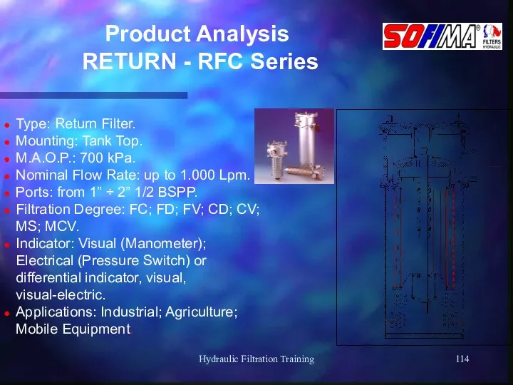 Hydraulic Filtration Training Product Analysis RETURN - RFC Series Type: Return Filter. Mounting: